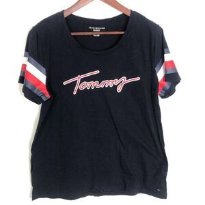 Tommy Hilfiger Navy Blue Relaxed Fit Short Striped Sleeve Crewneck